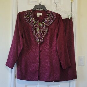 In The Mood Burgundy Damask Skirt Suit Sequin Beaded Formal Set Size 12 READ